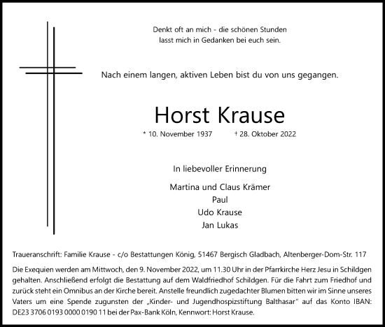 Anzeige von Horst Krause von Kölner Stadt-Anzeiger / Kölnische Rundschau / Express