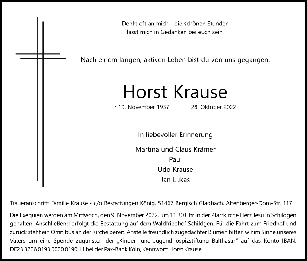  Traueranzeige für Horst Krause vom 05.11.2022 aus Kölner Stadt-Anzeiger / Kölnische Rundschau / Express