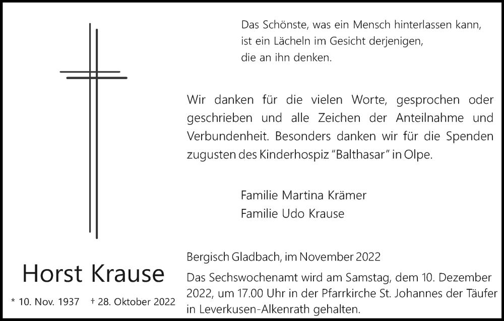  Traueranzeige für Horst Krause vom 26.11.2022 aus Kölner Stadt-Anzeiger / Kölnische Rundschau / Express