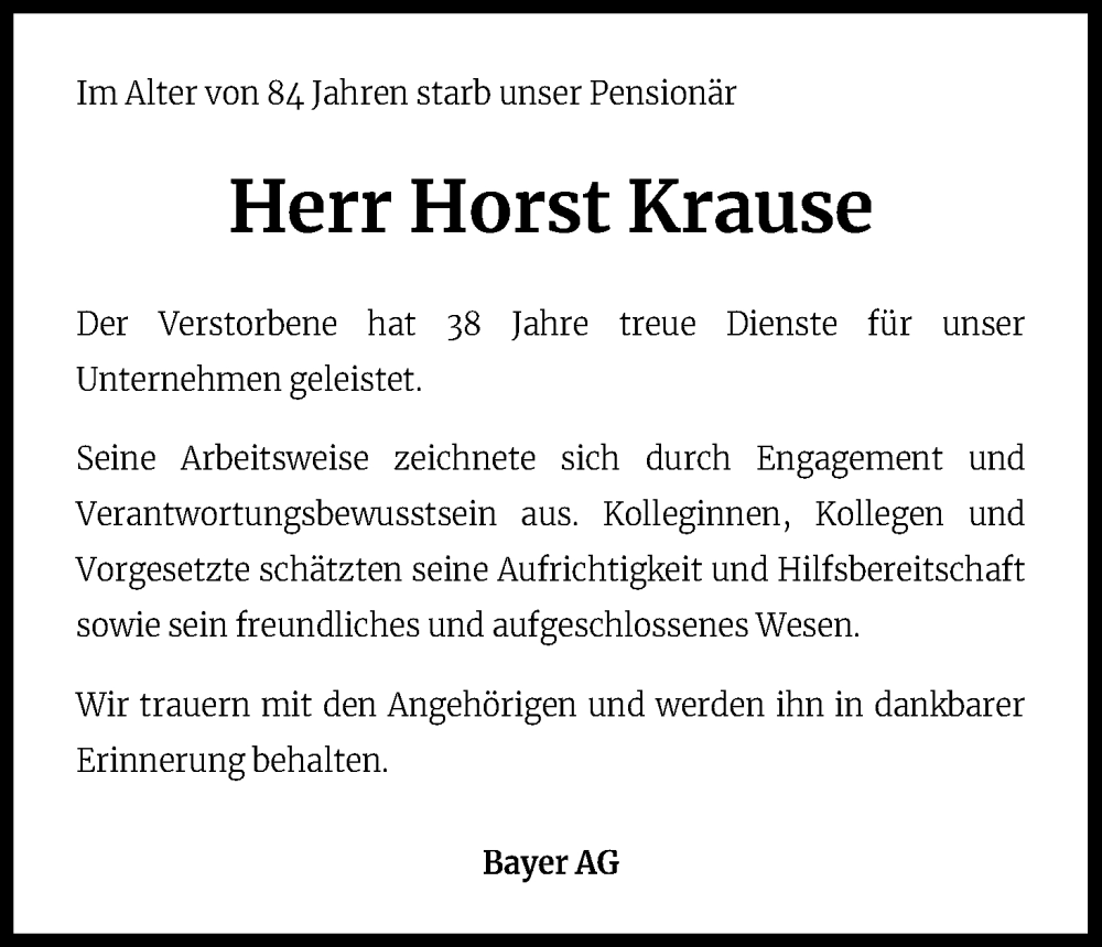  Traueranzeige für Horst Krause vom 09.11.2022 aus Kölner Stadt-Anzeiger / Kölnische Rundschau / Express