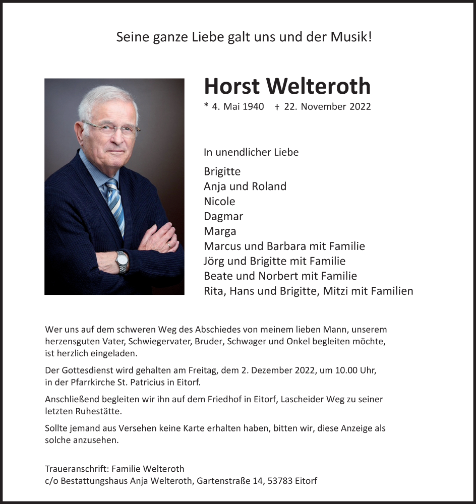  Traueranzeige für Horst Welteroth vom 26.11.2022 aus Kölner Stadt-Anzeiger / Kölnische Rundschau / Express