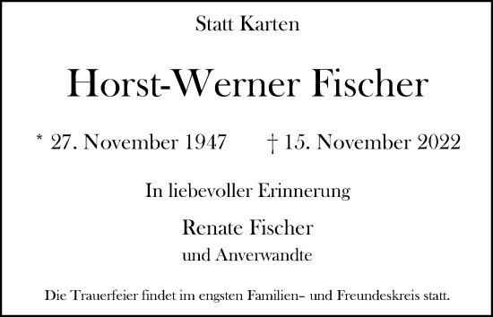 Anzeige von Horst-Werner Fischer von Kölner Stadt-Anzeiger / Kölnische Rundschau / Express
