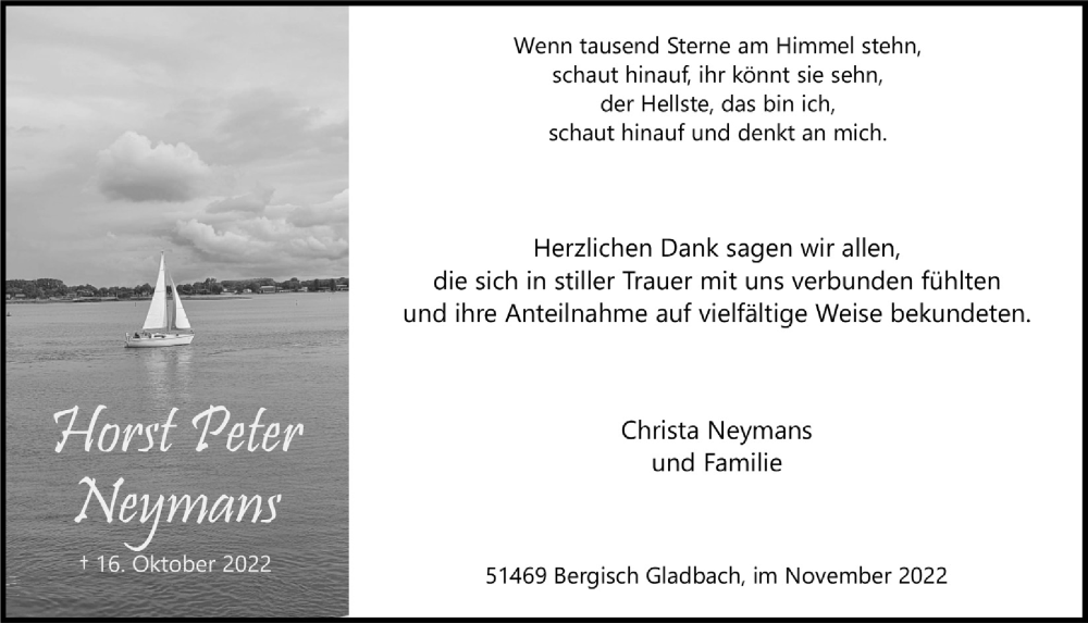  Traueranzeige für Horst Peter Neymans vom 11.11.2022 aus  Bergisches Handelsblatt 