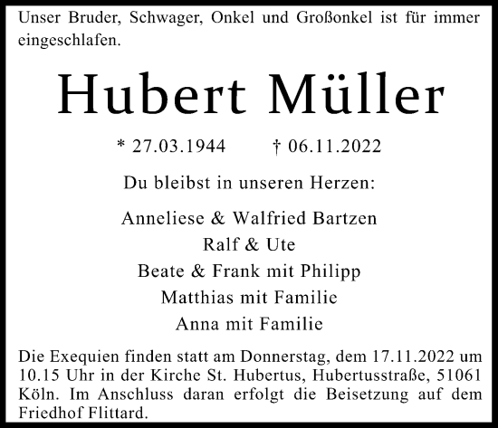 Anzeige von Hubert Müller von Kölner Stadt-Anzeiger / Kölnische Rundschau / Express