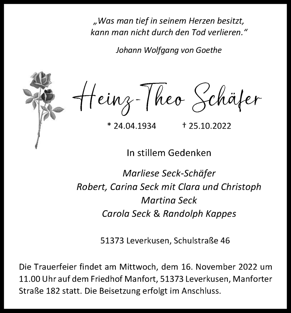  Traueranzeige für IHeinz.Theo Schäfer vom 12.11.2022 aus Kölner Stadt-Anzeiger / Kölnische Rundschau / Express
