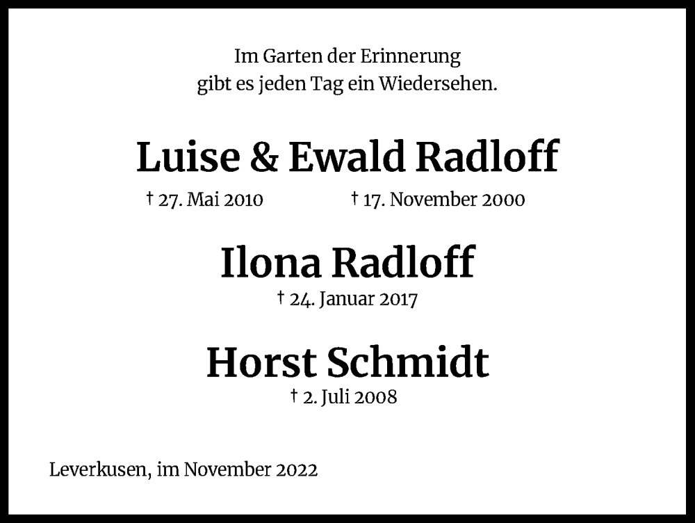  Traueranzeige für Ilona Radloff vom 17.11.2022 aus Kölner Stadt-Anzeiger / Kölnische Rundschau / Express