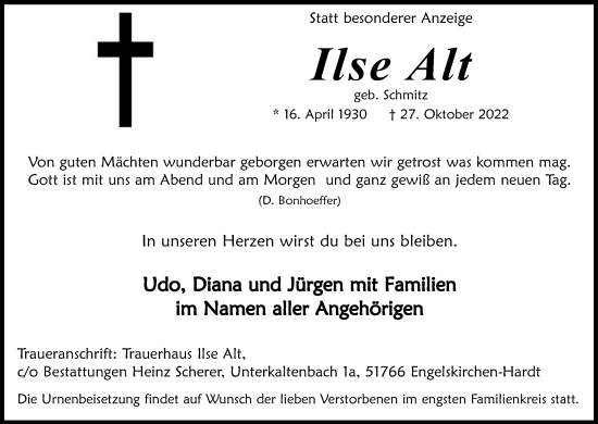 Anzeige von Ilse Alt von Kölner Stadt-Anzeiger / Kölnische Rundschau / Express