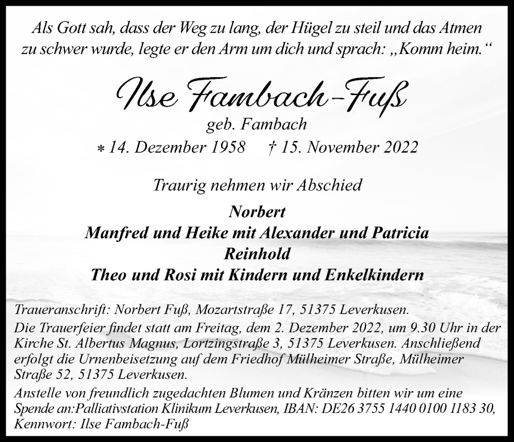  Traueranzeige für Ilse Fambach-Fuß vom 26.11.2022 aus Kölner Stadt-Anzeiger / Kölnische Rundschau / Express