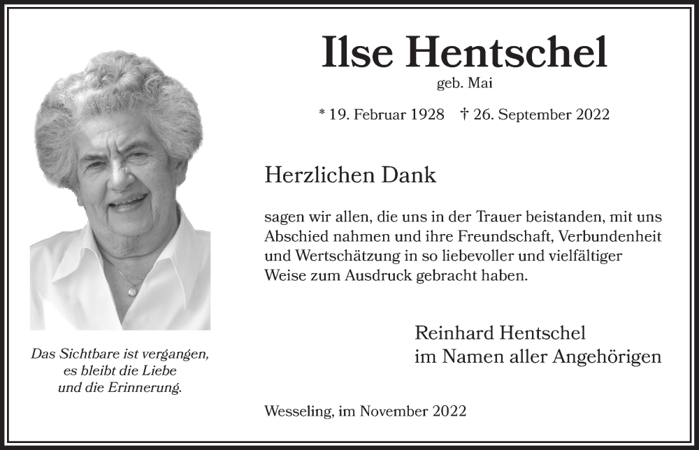  Traueranzeige für Ilse Hentschel vom 11.11.2022 aus  Schlossbote/Werbekurier 