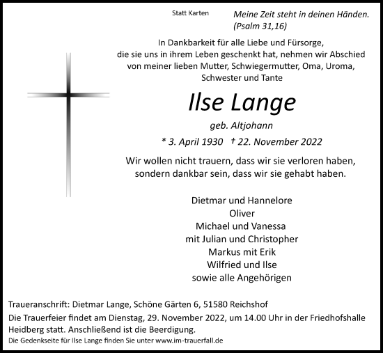 Anzeige von Ilse Lange von Kölner Stadt-Anzeiger / Kölnische Rundschau / Express