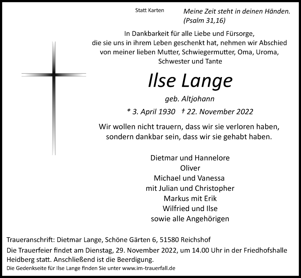  Traueranzeige für Ilse Lange vom 26.11.2022 aus Kölner Stadt-Anzeiger / Kölnische Rundschau / Express