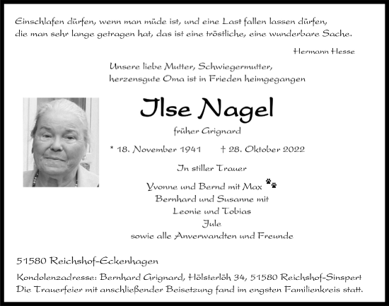 Anzeige von Ilse Nagel von  Anzeigen Echo 