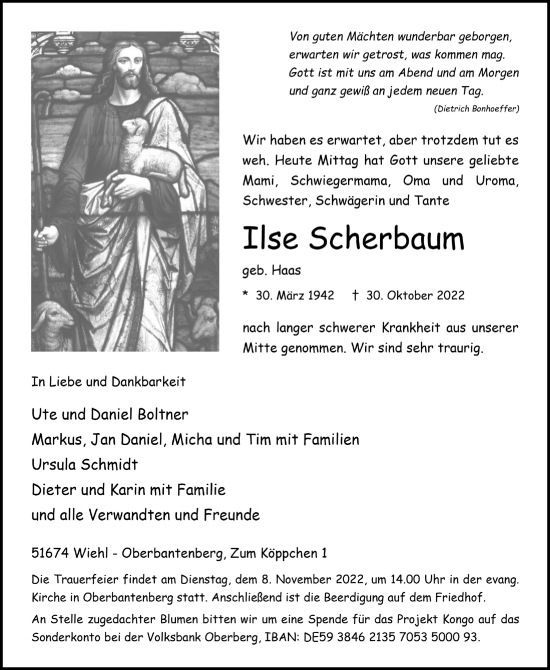 Anzeige von Ilse Scherbaum von  Anzeigen Echo 