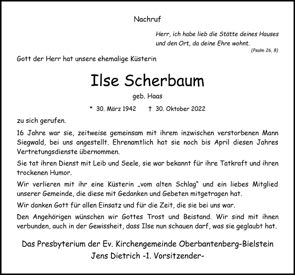  Traueranzeige für Ilse Scherbaum vom 25.11.2022 aus  Anzeigen Echo 