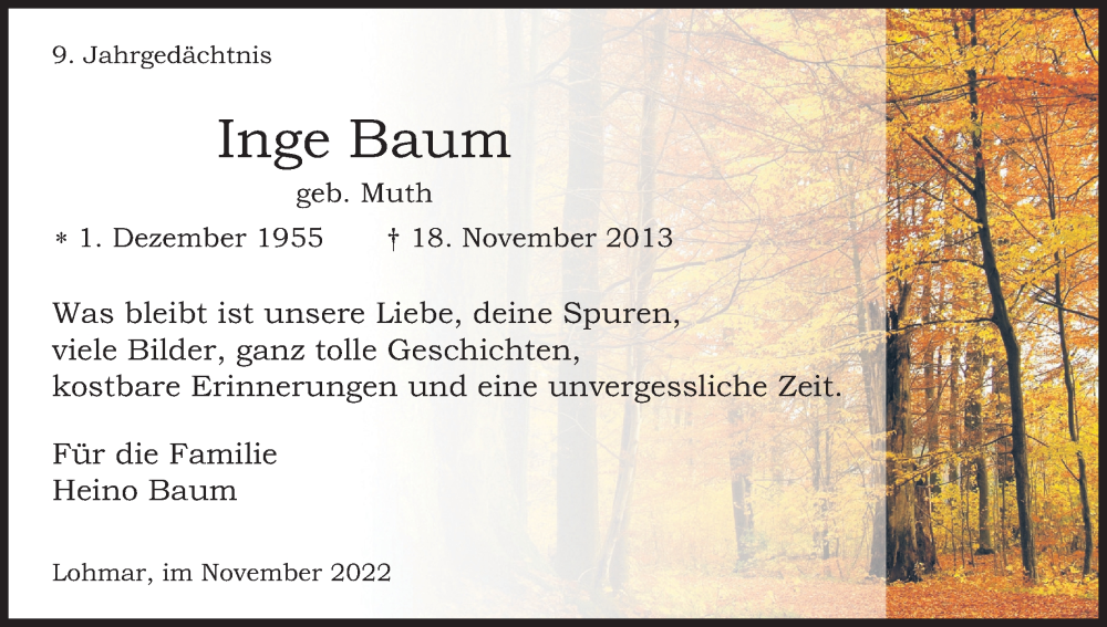  Traueranzeige für Inge Baum vom 18.11.2022 aus Kölner Stadt-Anzeiger / Kölnische Rundschau / Express