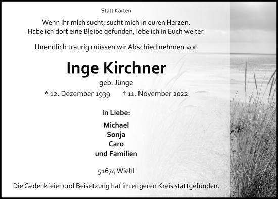 Anzeige von Inge Kirchner von  Anzeigen Echo 