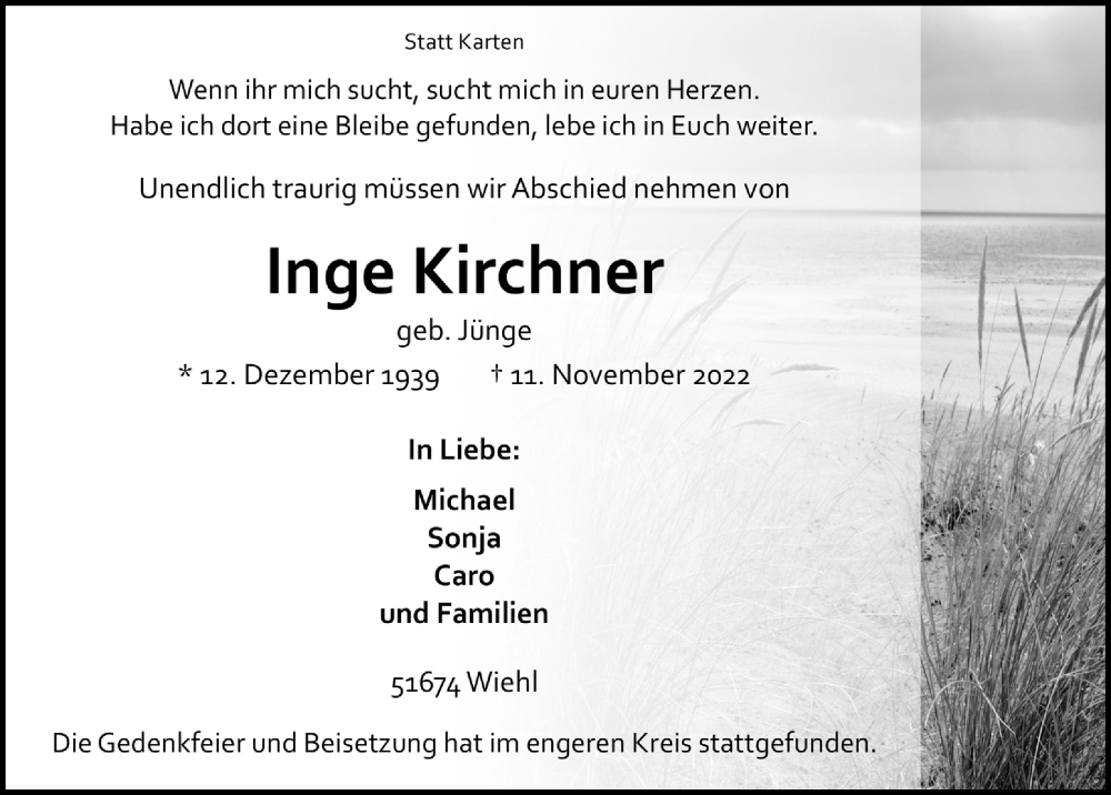  Traueranzeige für Inge Kirchner vom 18.11.2022 aus  Anzeigen Echo 