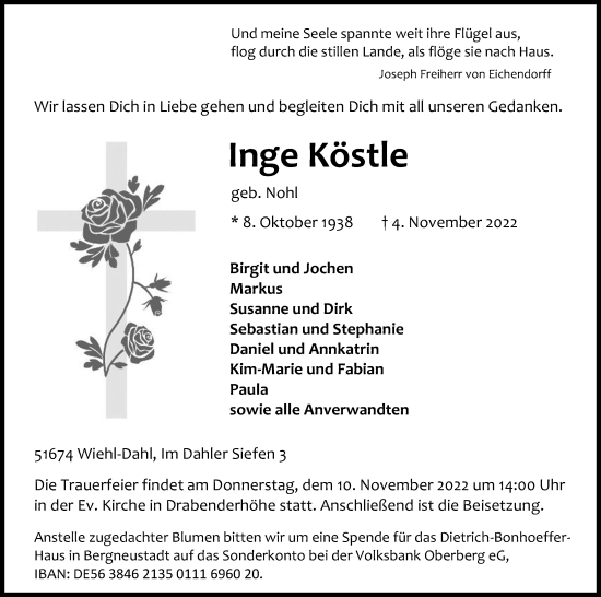 Anzeige von Inge Köstle von Kölner Stadt-Anzeiger / Kölnische Rundschau / Express