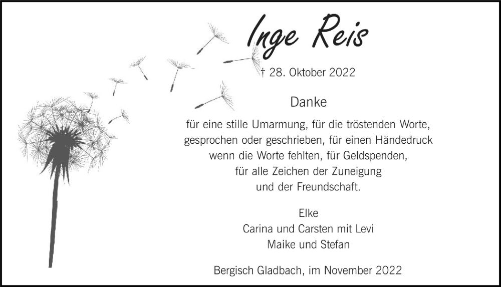  Traueranzeige für Inge Reis vom 25.11.2022 aus  Bergisches Handelsblatt 