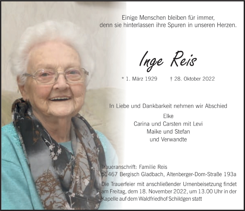  Traueranzeige für Inge Reis vom 11.11.2022 aus  Bergisches Handelsblatt 