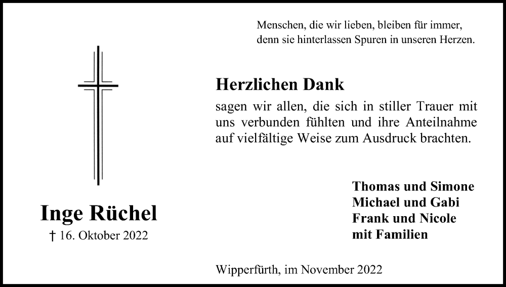  Traueranzeige für Inge Rüchel vom 12.11.2022 aus Kölner Stadt-Anzeiger / Kölnische Rundschau / Express