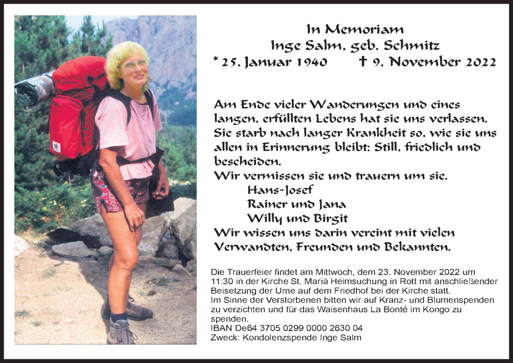  Traueranzeige für Inge Salm vom 19.11.2022 aus Kölner Stadt-Anzeiger / Kölnische Rundschau / Express