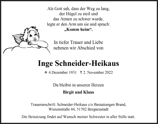 Anzeige von Inge Schneider-Heikaus von  Anzeigen Echo 