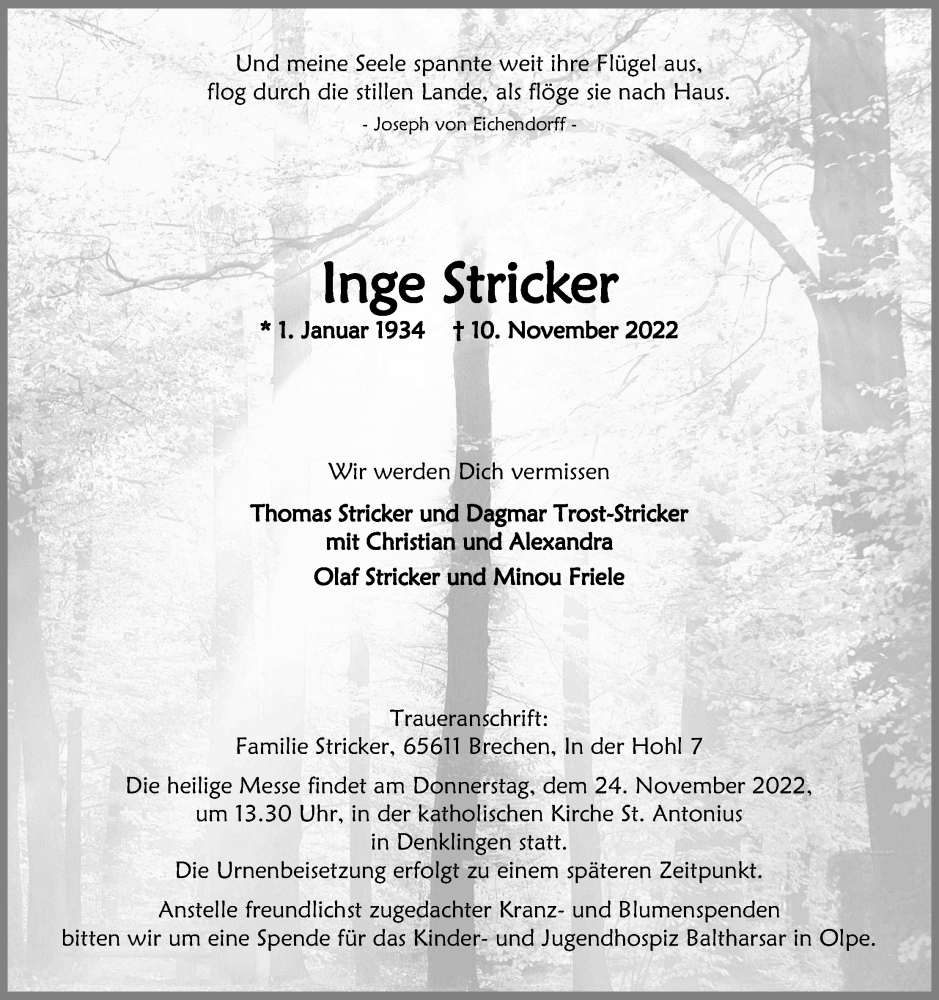  Traueranzeige für Inge Stricker vom 19.11.2022 aus Kölner Stadt-Anzeiger / Kölnische Rundschau / Express