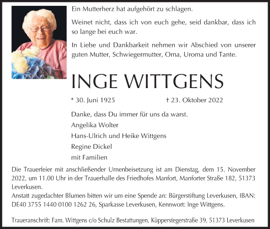Anzeige von Inge Wittgens von Kölner Stadt-Anzeiger / Kölnische Rundschau / Express