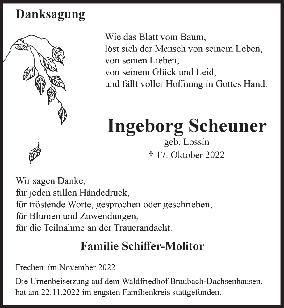  Traueranzeige für Ingeborg Scheuner vom 25.11.2022 aus  Wochenende 