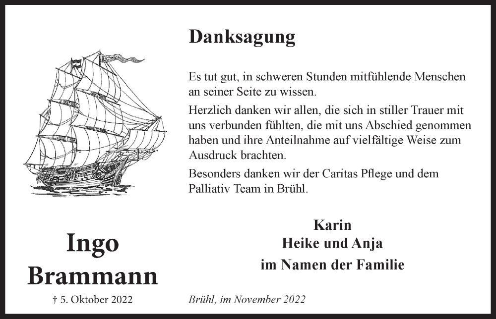  Traueranzeige für Ingo Brammann vom 11.11.2022 aus  Schlossbote/Werbekurier 