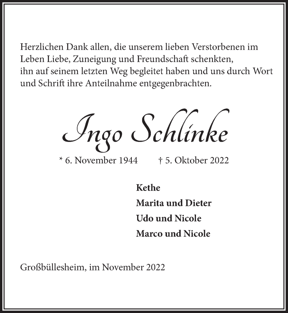  Traueranzeige für Ingo Schlinke vom 05.11.2022 aus  Blickpunkt Euskirchen 