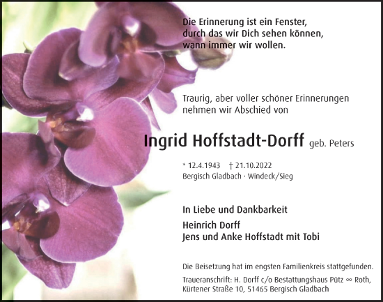 Anzeige von Ingrid Hoffstadt-Dorff von  Bergisches Handelsblatt 