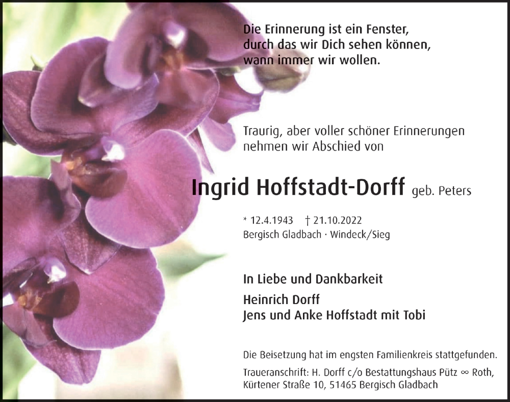  Traueranzeige für Ingrid Hoffstadt-Dorff vom 11.11.2022 aus  Bergisches Handelsblatt 