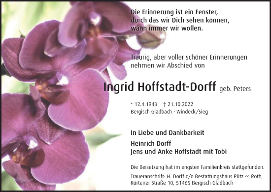 Anzeige von Ingrid Hoffstadt-Dorff von Kölner Stadt-Anzeiger / Kölnische Rundschau / Express