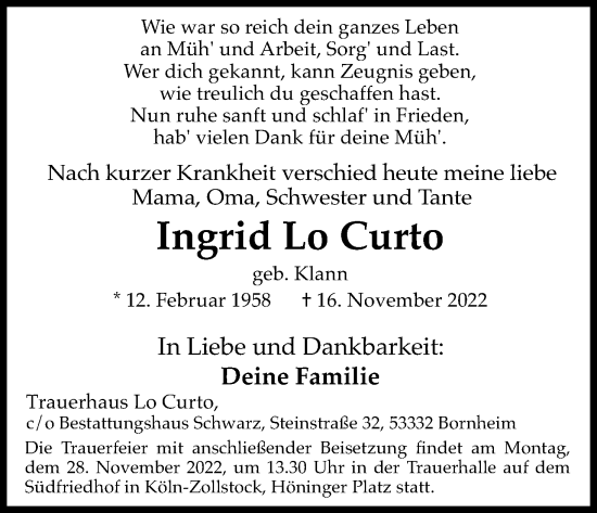 Anzeige von Ingrid Lo Curto von Kölner Stadt-Anzeiger / Kölnische Rundschau / Express