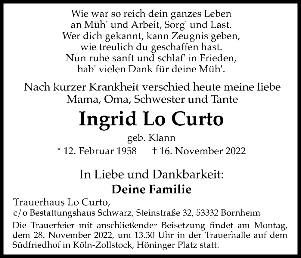  Traueranzeige für Ingrid Lo Curto vom 19.11.2022 aus Kölner Stadt-Anzeiger / Kölnische Rundschau / Express