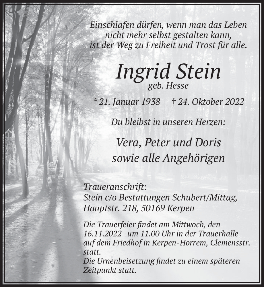  Traueranzeige für Ingrid Stein vom 11.11.2022 aus  Werbepost 