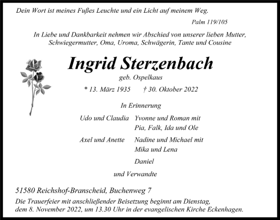 Anzeige von Ingrid Sterzenbach von  Anzeigen Echo 