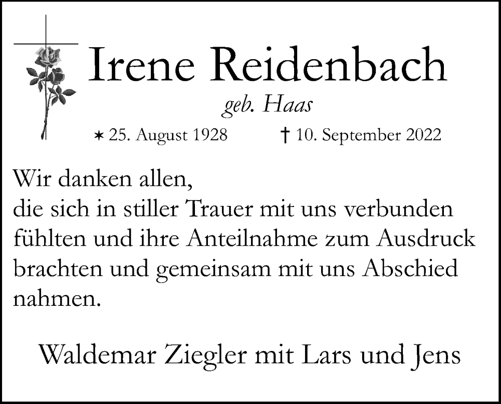  Traueranzeige für Irene Reidenbach vom 12.11.2022 aus Kölner Stadt-Anzeiger / Kölnische Rundschau / Express