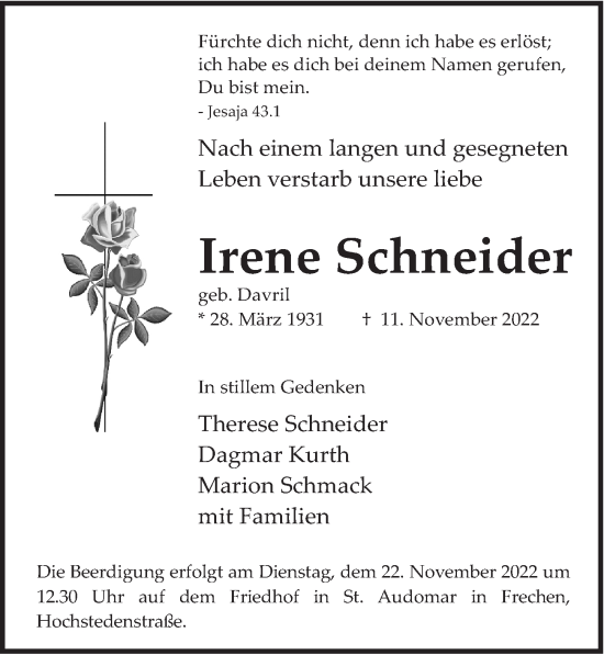 Anzeige von Irene Schneider von  Wochenende 