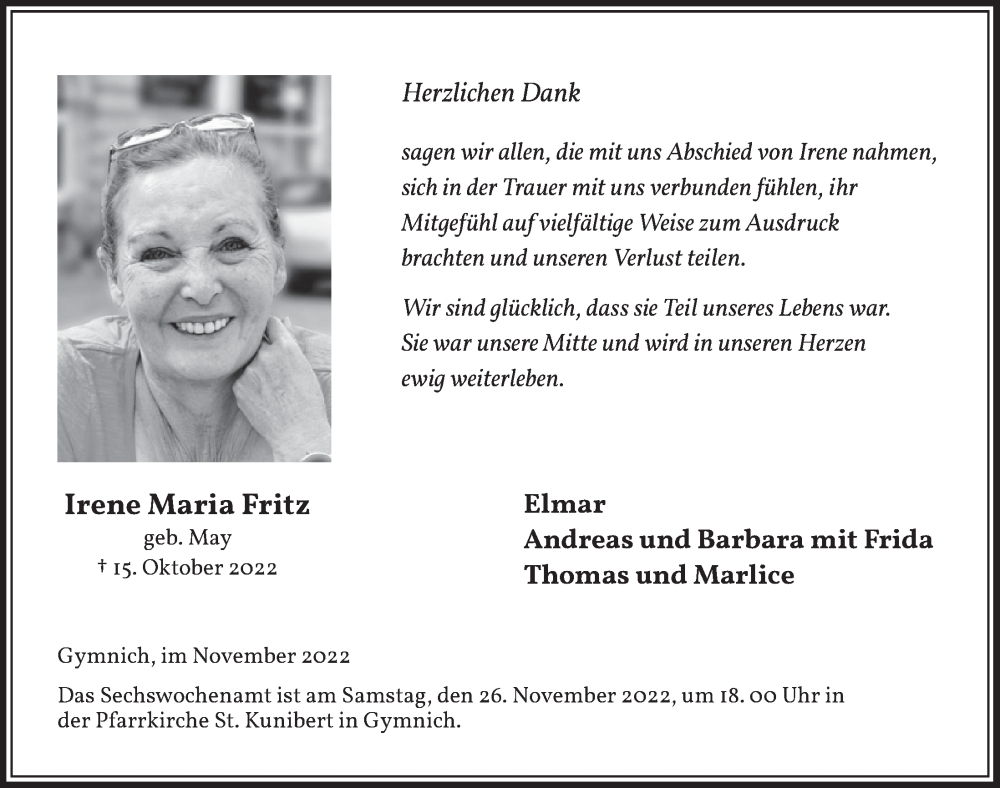  Traueranzeige für Irene Maria Fritz vom 18.11.2022 aus  Werbepost 