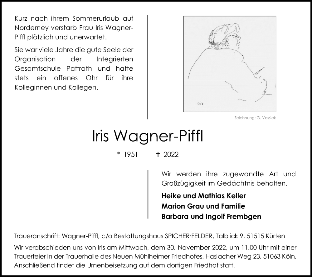  Traueranzeige für Iris Wagner-Piffl vom 19.11.2022 aus Kölner Stadt-Anzeiger / Kölnische Rundschau / Express
