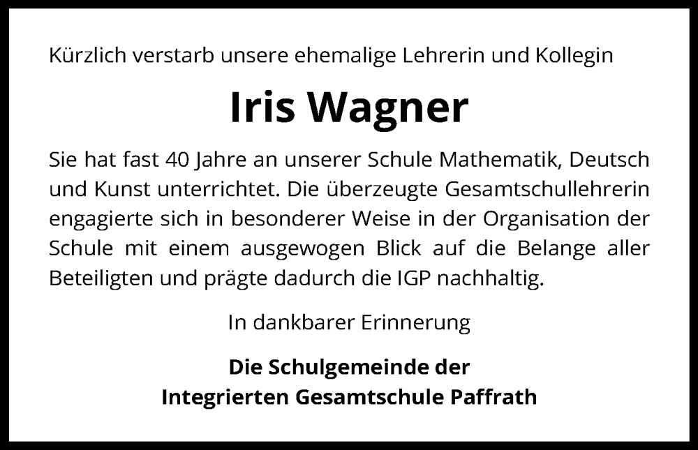  Traueranzeige für Iris Wagner vom 19.11.2022 aus Kölner Stadt-Anzeiger / Kölnische Rundschau / Express
