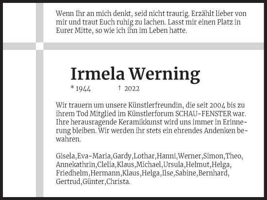 Anzeige von Irmela Werning von Kölner Stadt-Anzeiger / Kölnische Rundschau / Express