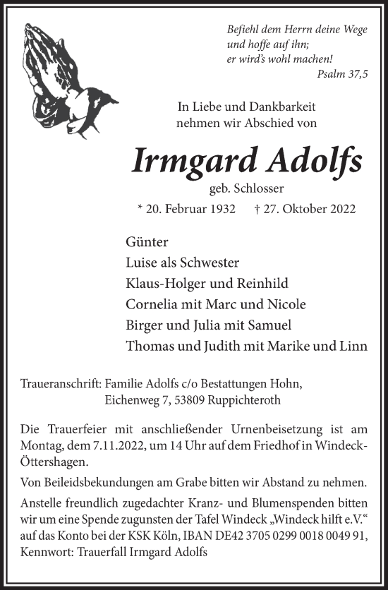 Anzeige von Irmgard Adolfs von  Lokalanzeiger 