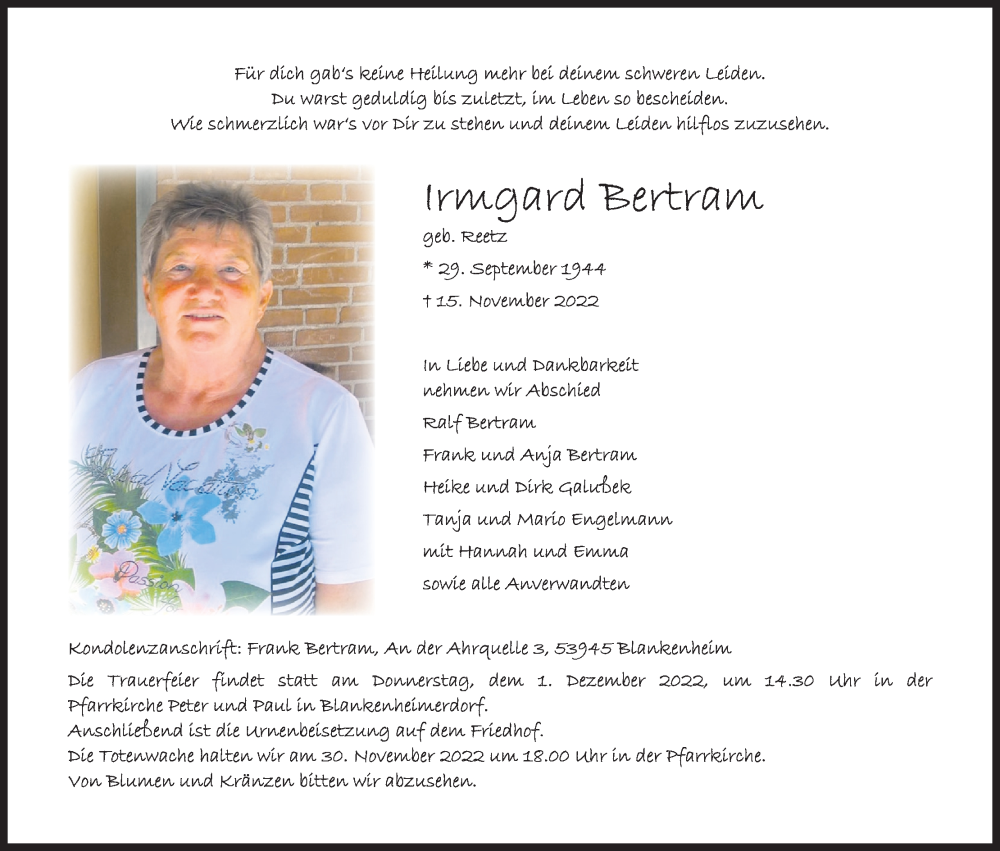  Traueranzeige für Irmgard Bertram vom 23.11.2022 aus Kölner Stadt-Anzeiger / Kölnische Rundschau / Express