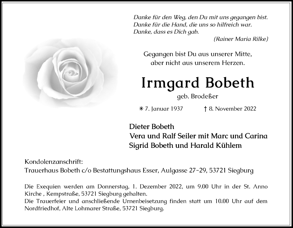  Traueranzeige für Irmgard Bobeth vom 26.11.2022 aus Kölner Stadt-Anzeiger / Kölnische Rundschau / Express
