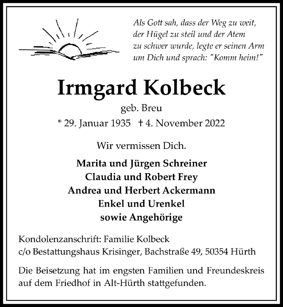  Traueranzeige für Irmgard Kolbeck vom 11.11.2022 aus  Wochenende 