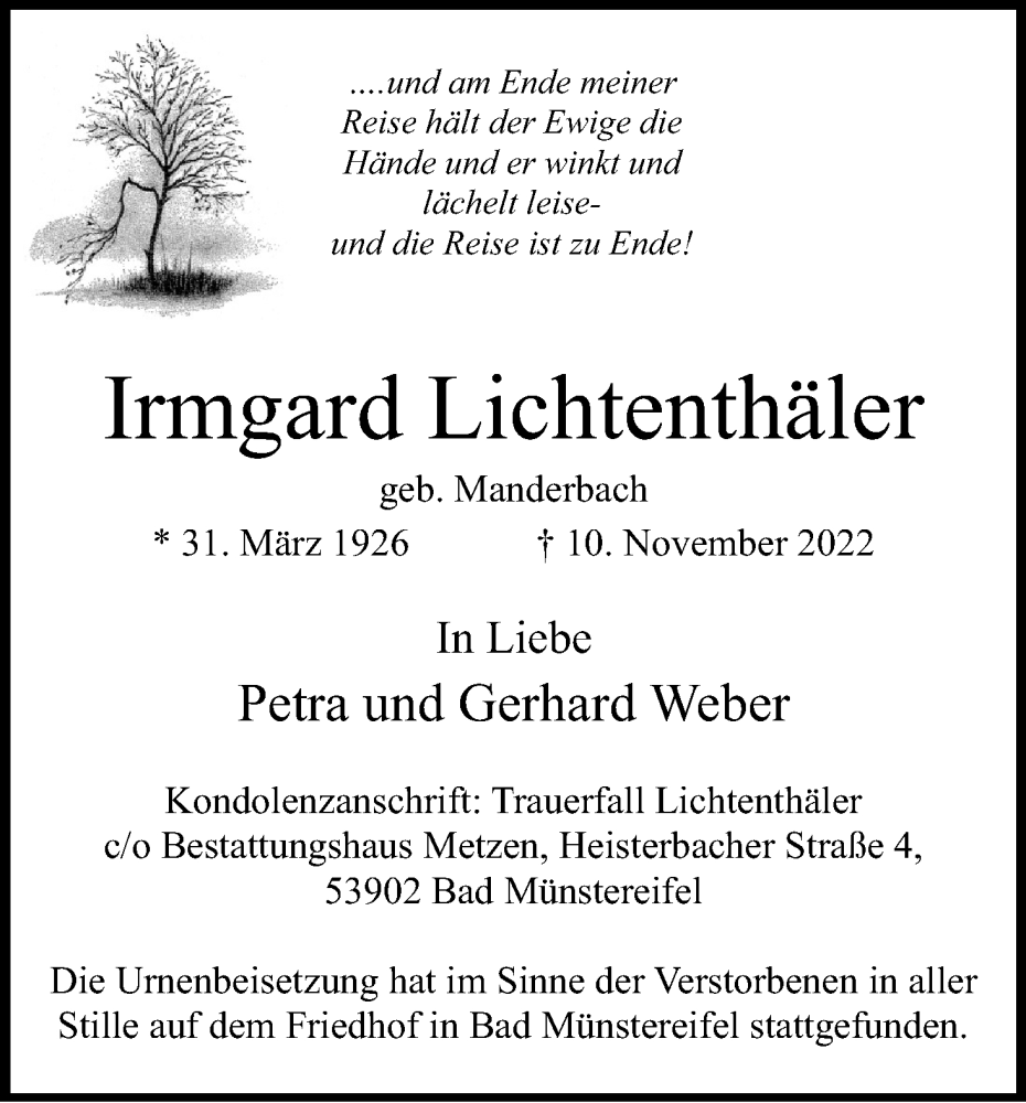  Traueranzeige für Irmgard Lichtenthäler vom 26.11.2022 aus Kölner Stadt-Anzeiger / Kölnische Rundschau / Express